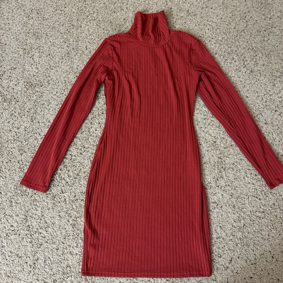 Dresses & Skirts - Stretchy Bodycon Turtleneck Ribbed Long Sleeve Red Dress